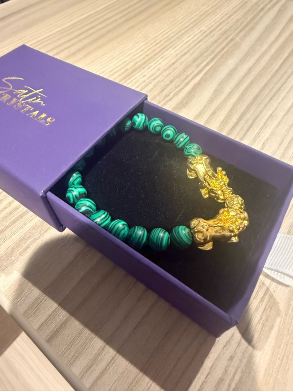 Malachite Bracelet Deep Green Intensity Stone With Gold Dragons